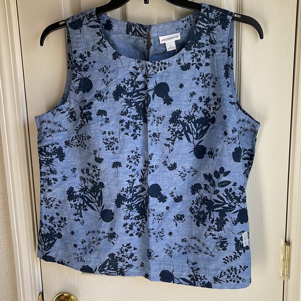 NWT LIZ CLAIBORNE BLUE/NAVY PRINT SLEEVELESS TANK STYLE BLOUSE - Picture 2 of 7